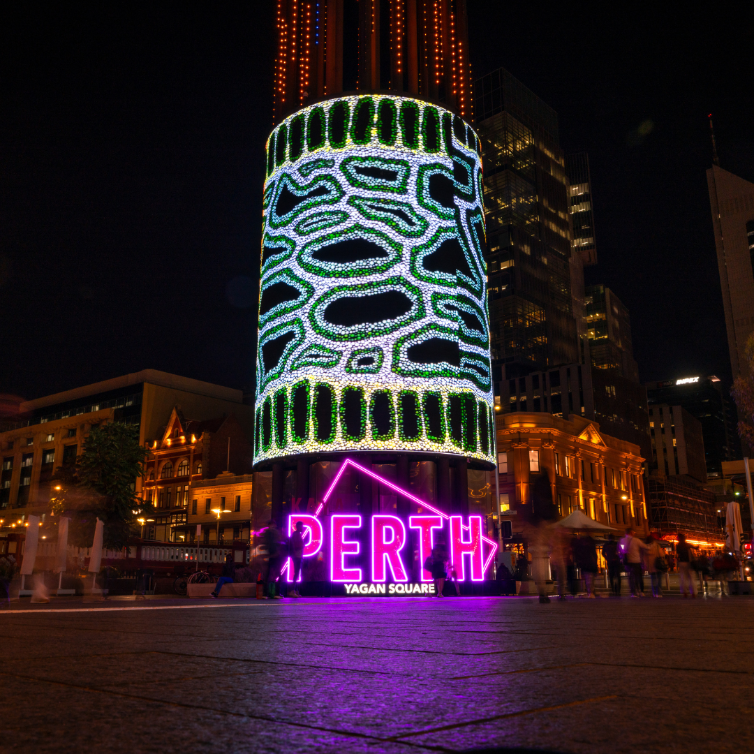 Digital Tower with Aboriginal artwork in Perth CBD