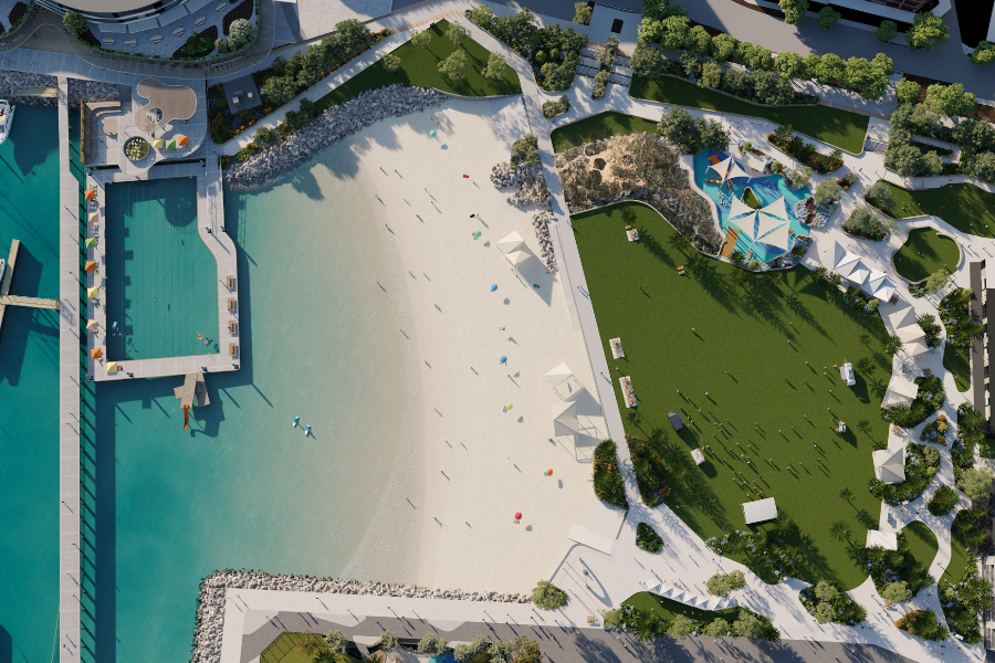 An artist impression of the central parkland, family beach at Ocean Reef Marina
