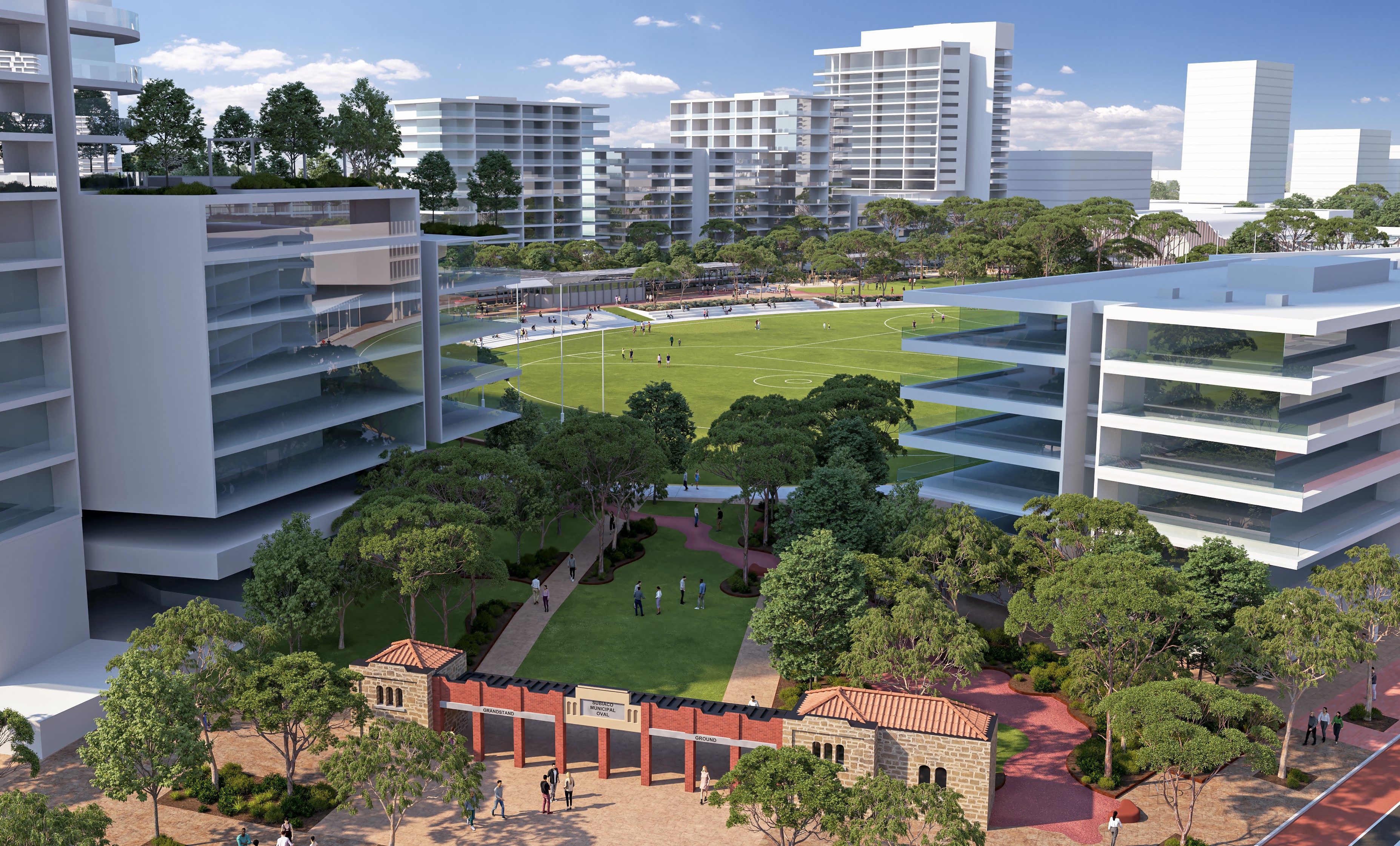 Indicative render of the Subiaco Oval heritage walk and development